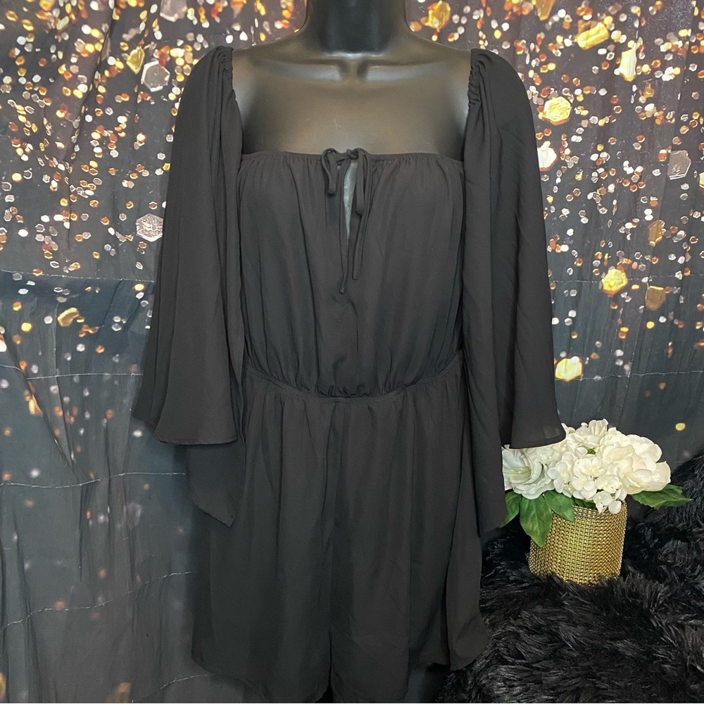 Lulus Black Sheer Off Shoulder Flutter Sleeves Romper Size M Elastic Waist